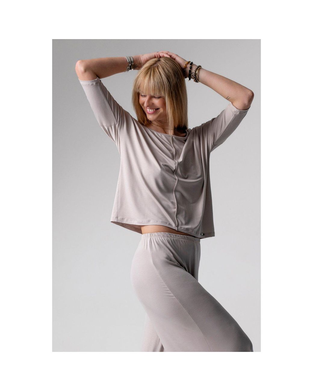 Oh!Zuza Natural Neutrals Jackie Loungewear Pyjama Set, Wide-Leg Trousers – Almond Milk