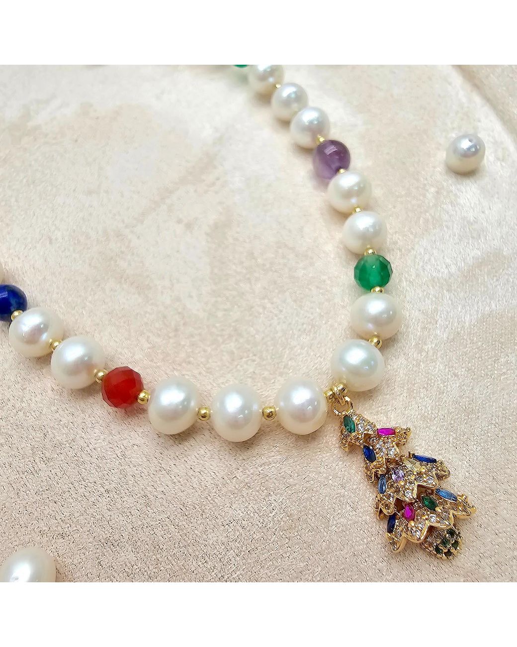 Farra Metallic Freshwater Pearl And Colorful Gemstone With Christmas Tree Pendant Necklace