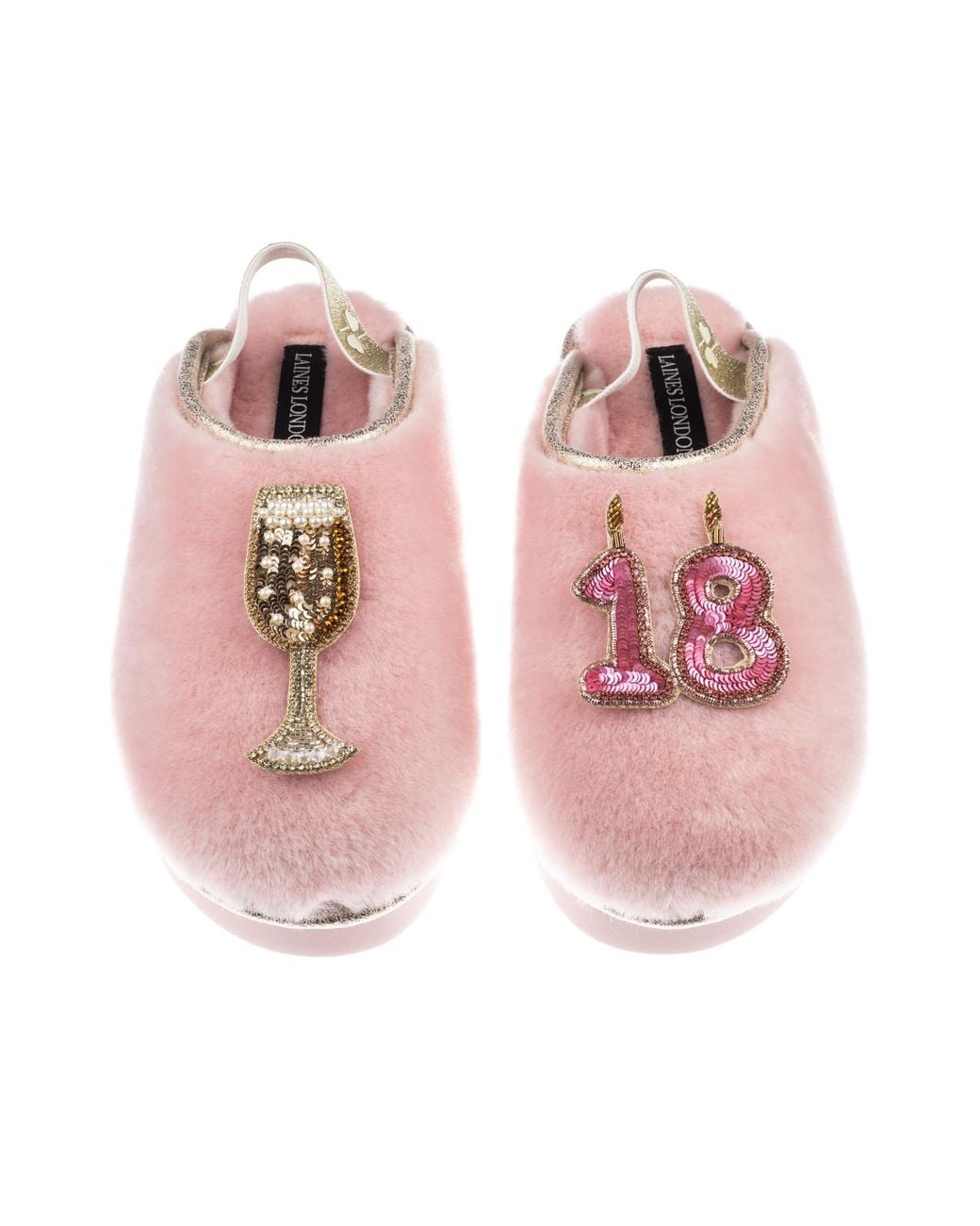 Laines London Pink Flatform Cloud Closed Toe Slippers With 18Th Birthday & Champagne Glass Brooches