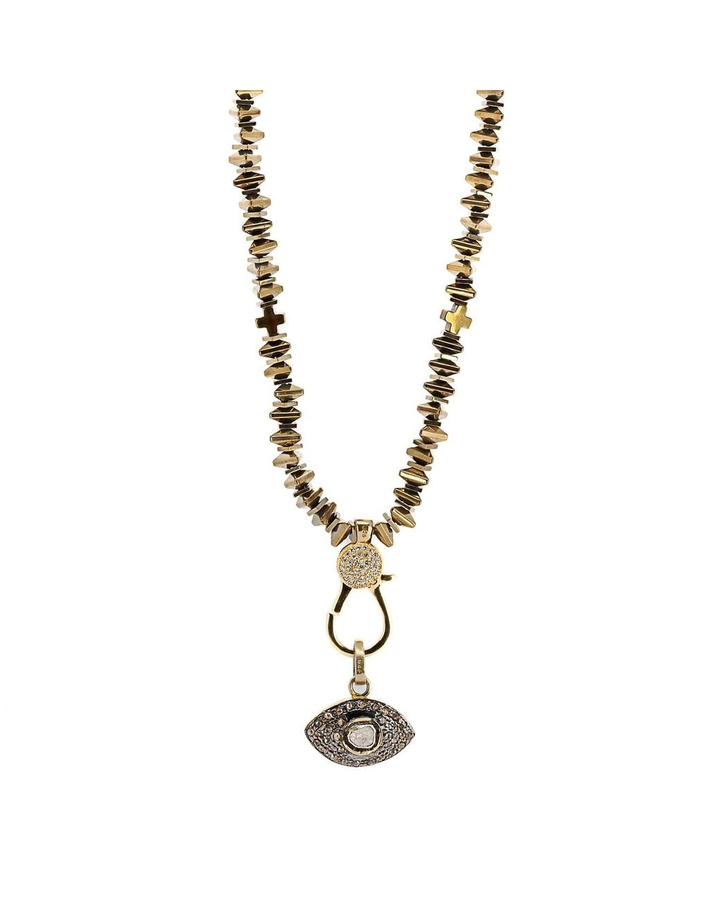 Ebru Jewelry Metallic Pave Diamond & Gold Evil Eye Pendant Hematite Stone Beaded Necklace