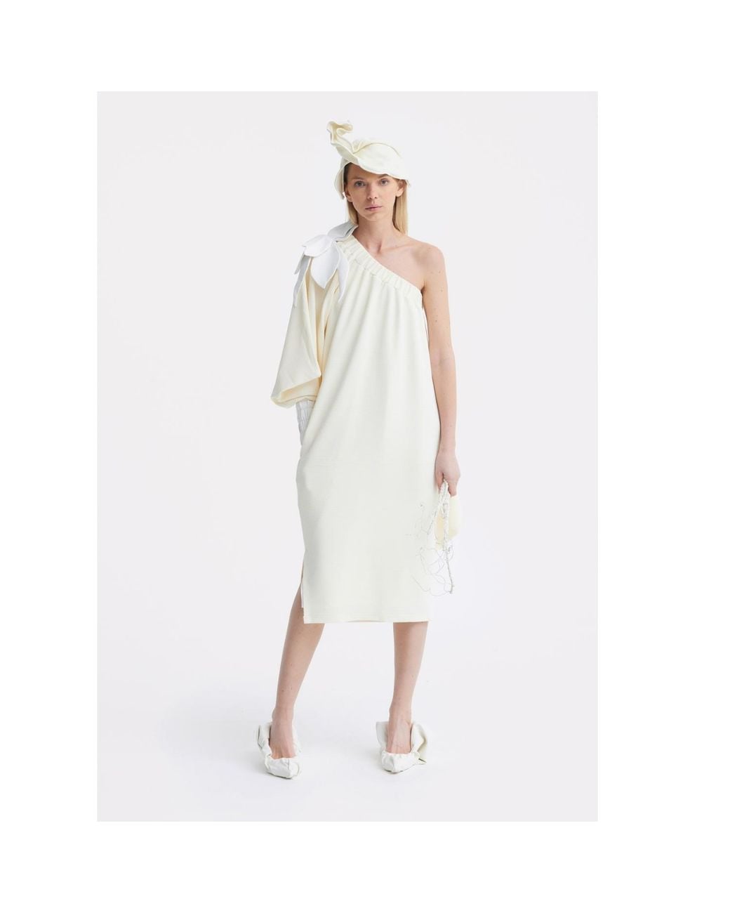 Julia Allert Natural Neutrals Cocktail One-Shoulder Midi Dress Ecru