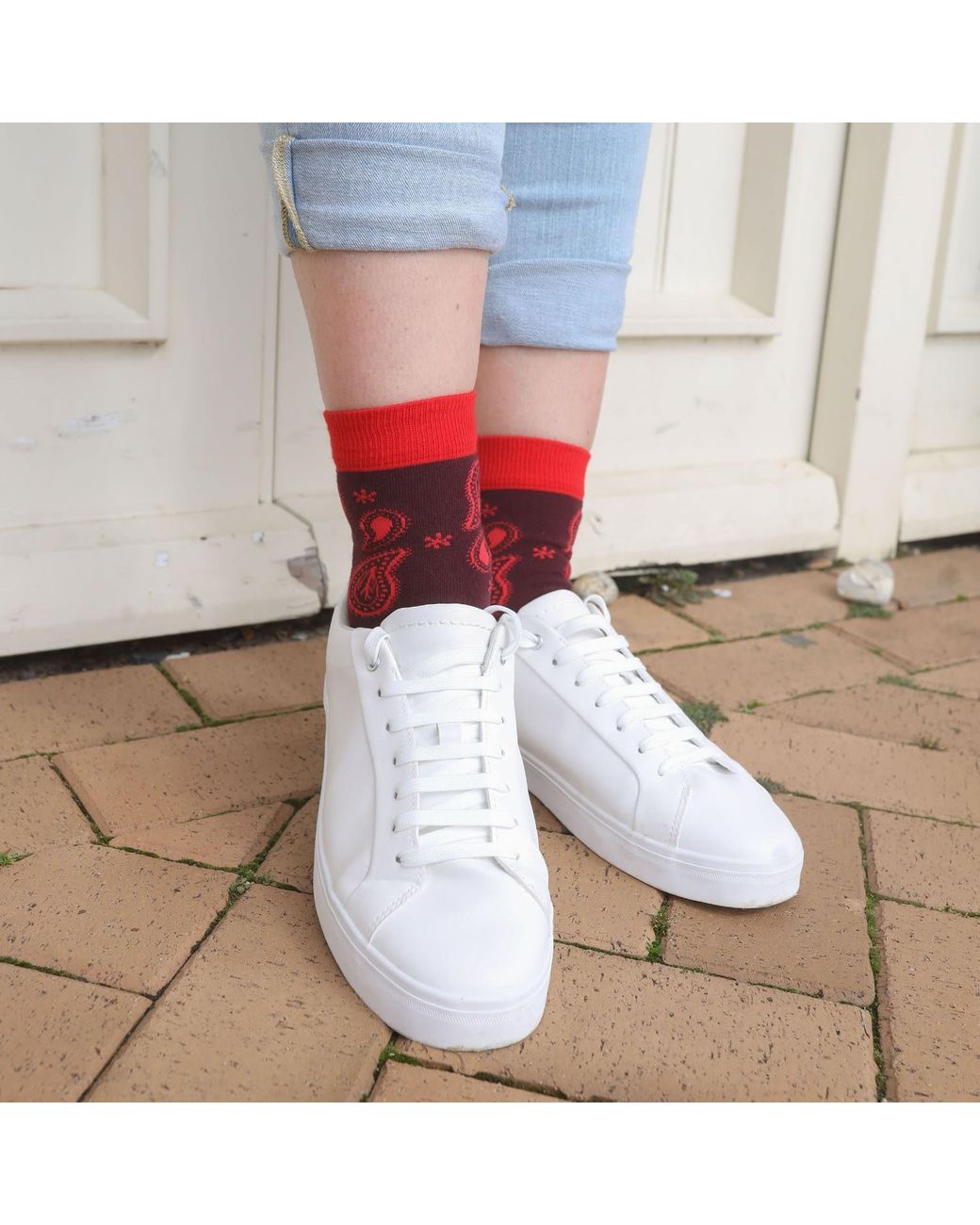 Peper Harow - Made in England Red Paisley Burgundy Luxury Crew & Trainer Socks Bundle