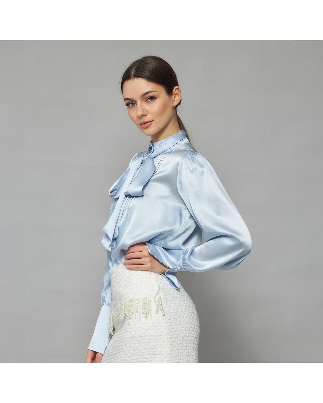 Solgo Atelier Blue Phaius Bow Tie Silk Charmeuse Blouse