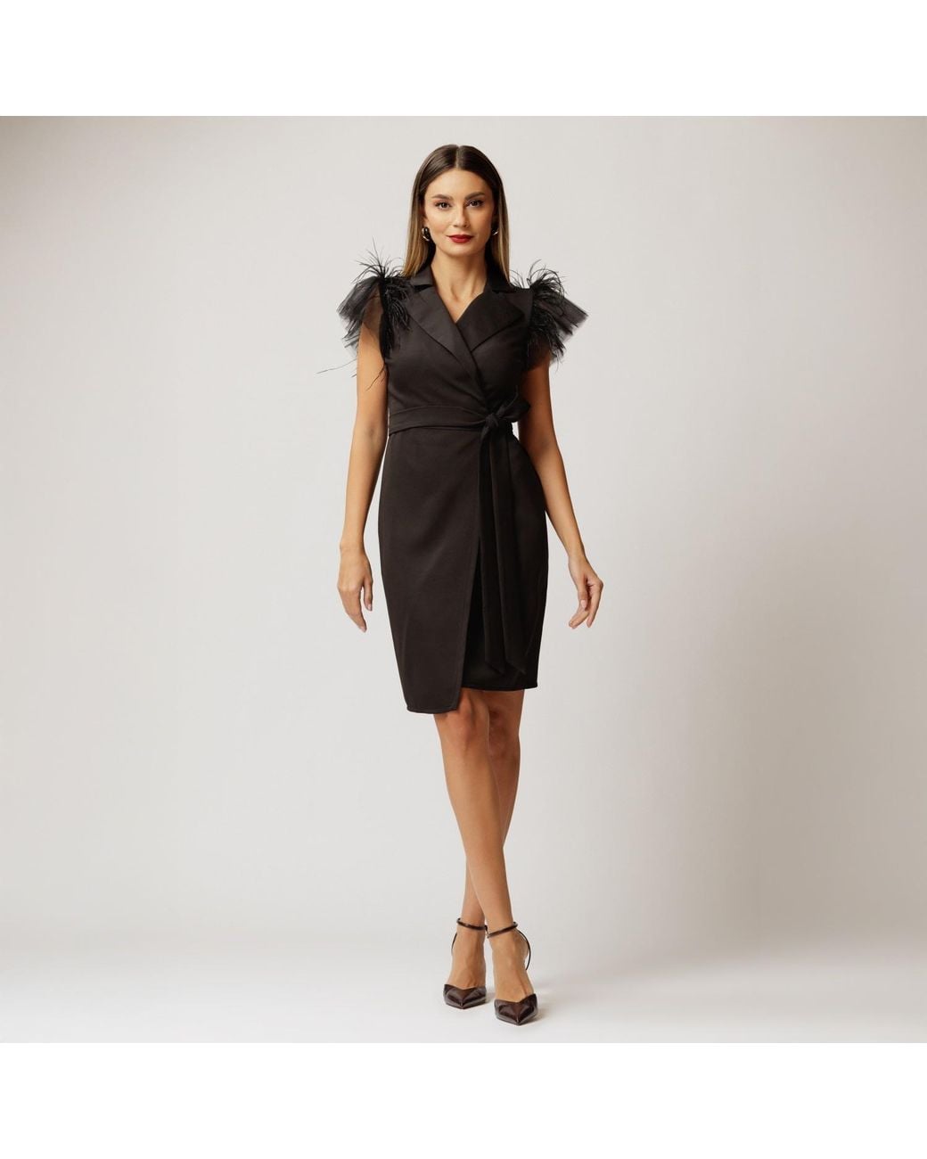 concept A trois Black Short Wrap Blazer Dress With Winged Tulle Sleeves