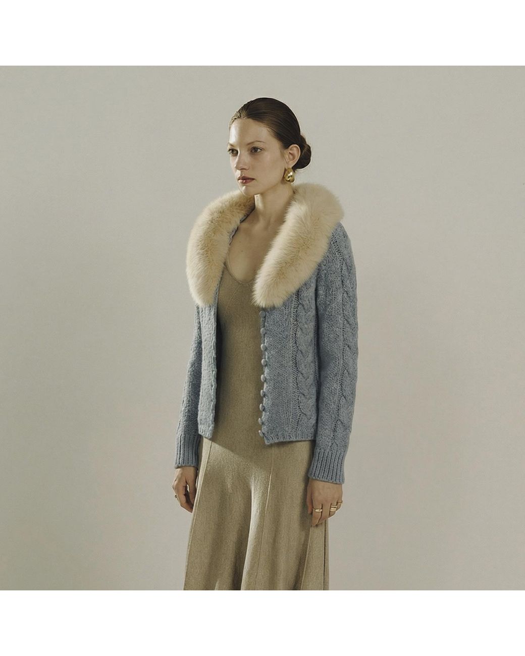 Belsize25 Blue Cashmere-Blend Faux Fur Collar Cable-Knit Cardigan