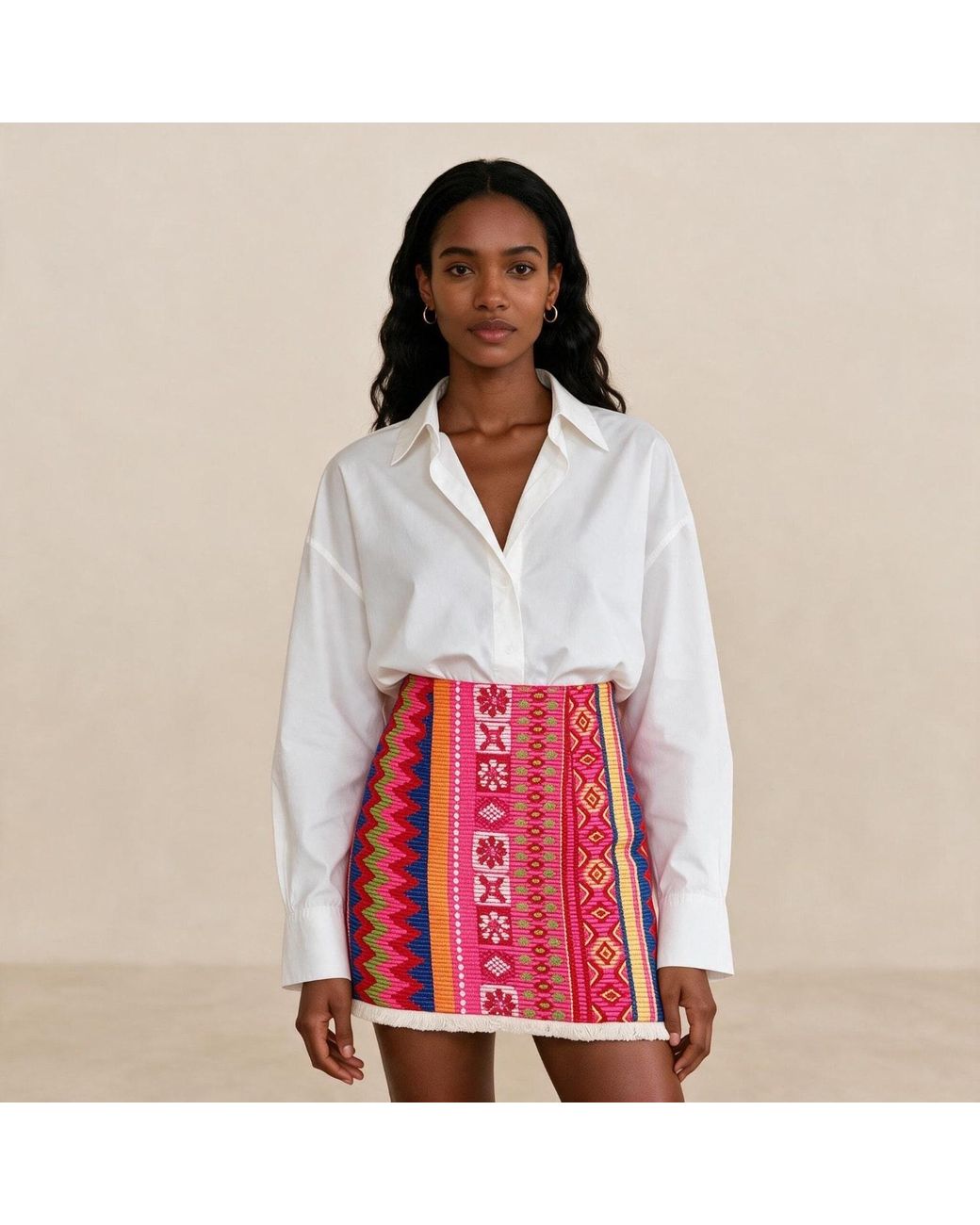 Kipépéo Red Sorayya Multicolour Jajim Fringe Mini Skirt