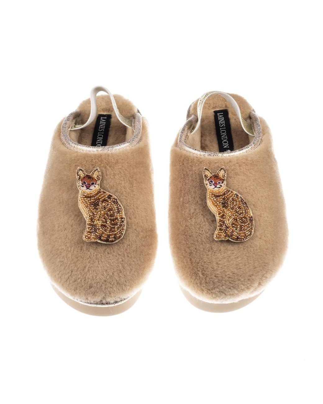 Laines London Natural Neutrals Flatform Cloud Slippers With Double Bengal Cat Brooches