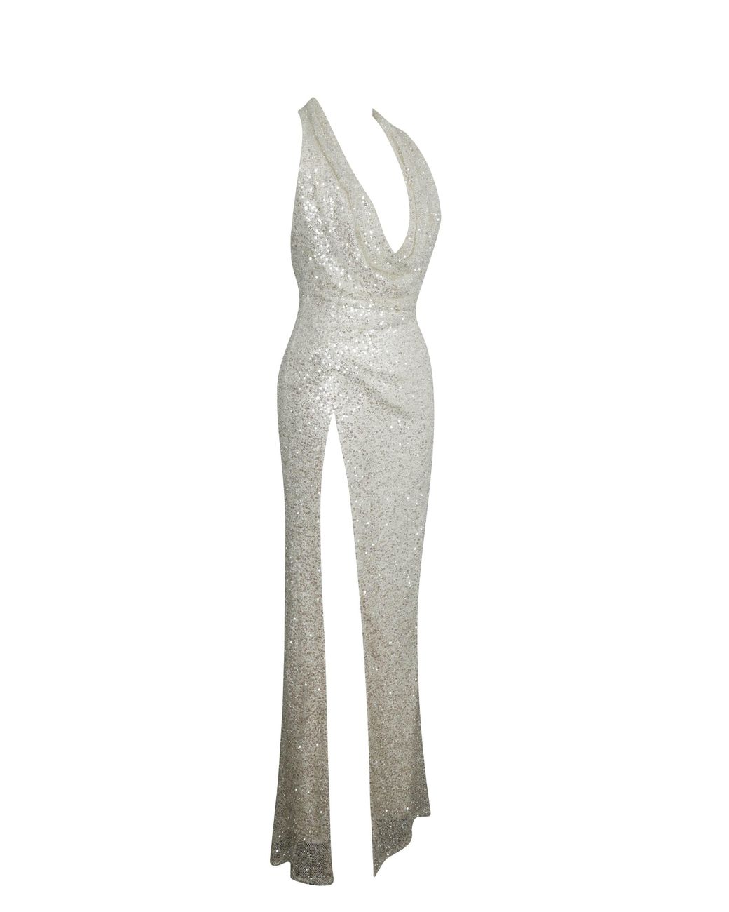 Miss Circle New York White Niamh Golden Beaded Cowl Halter Backless Maxi Dress