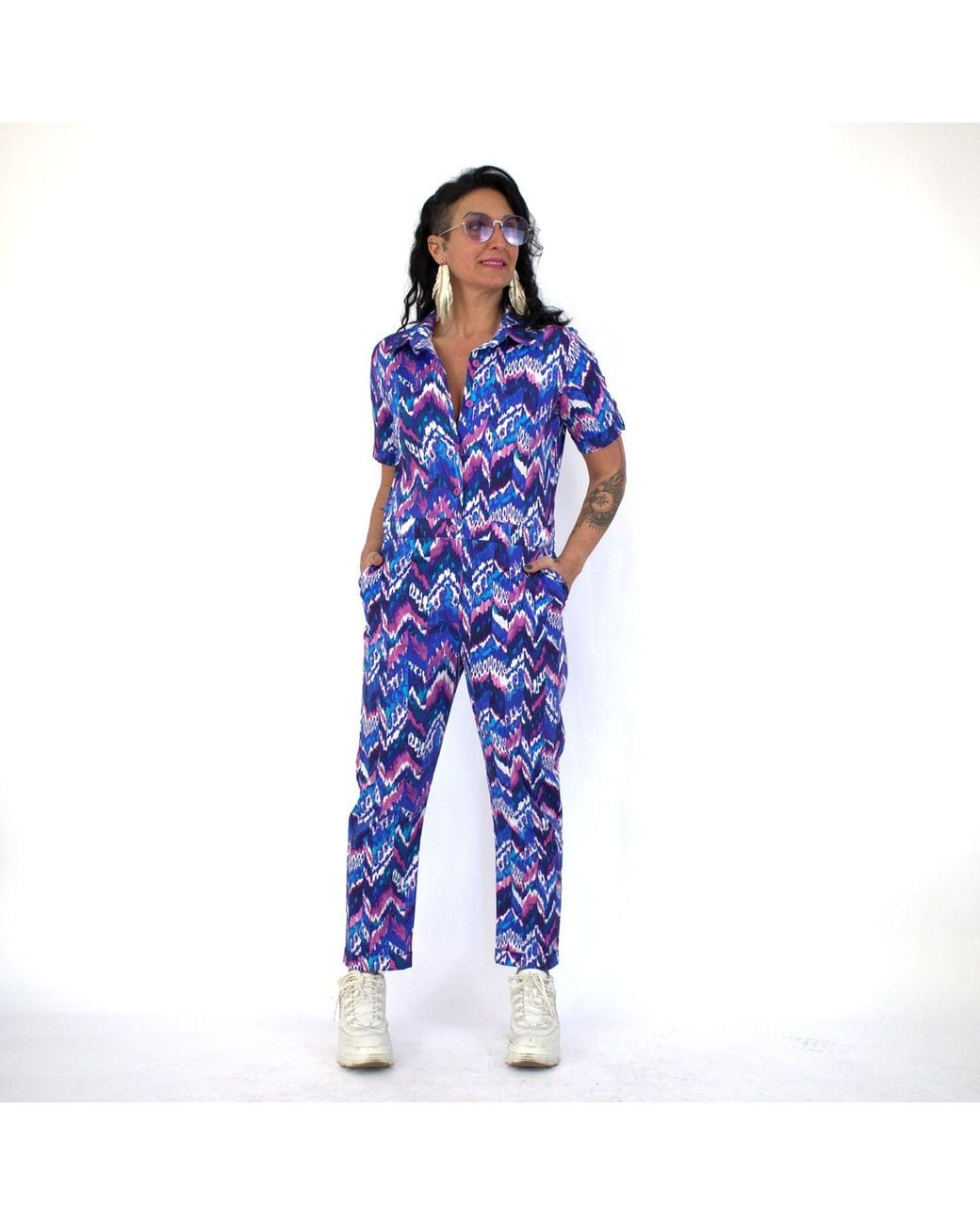 Lalipop Design Blue Electric Ocean Cotton Jumpsuit With Colorful Zigzag Print
