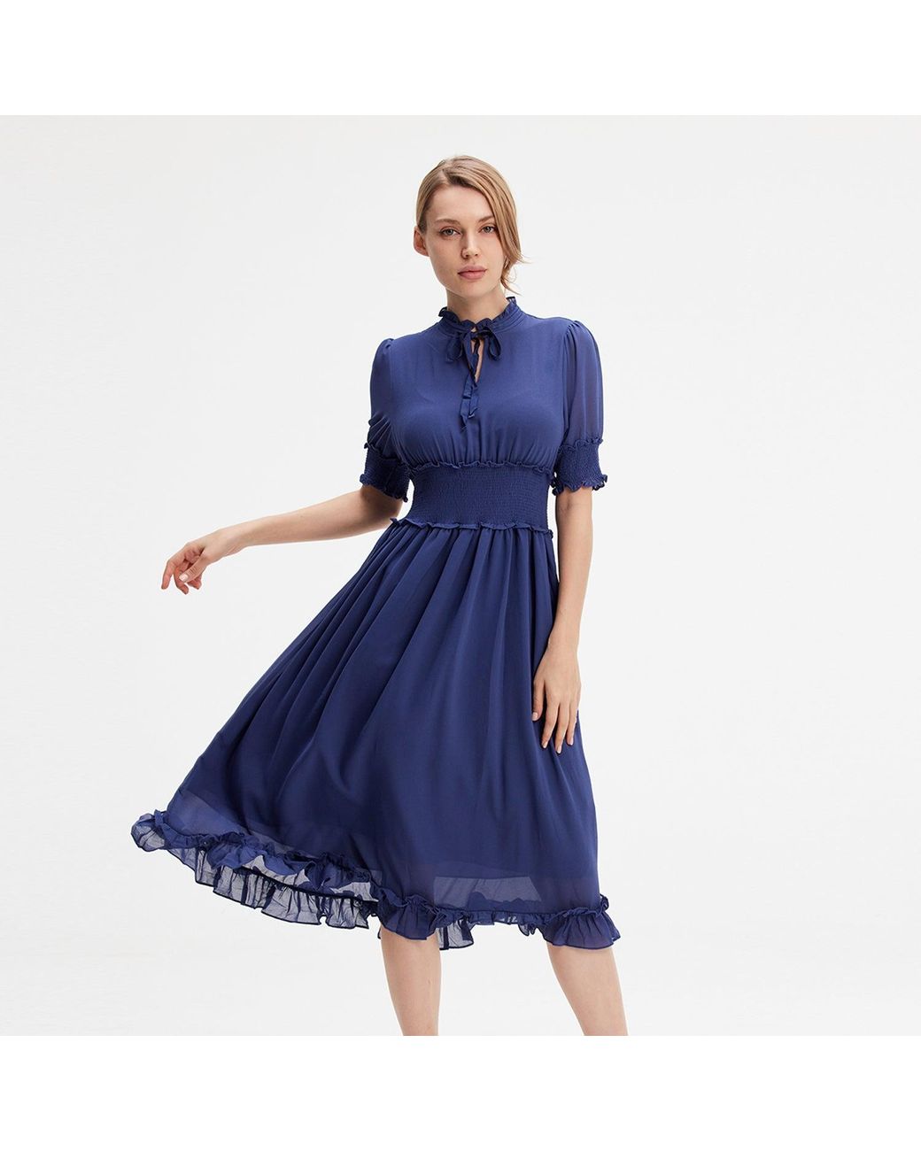 Smart and Joy Blue Chiffon Dress With Smocks And Small Ruffles