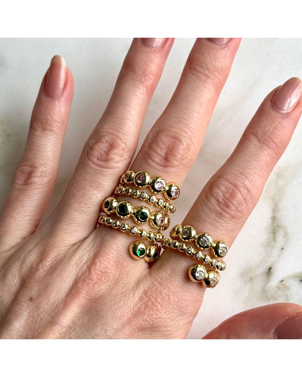 Laura Gray Green Gilt Sterling Bezel Emerald Crystal Ring