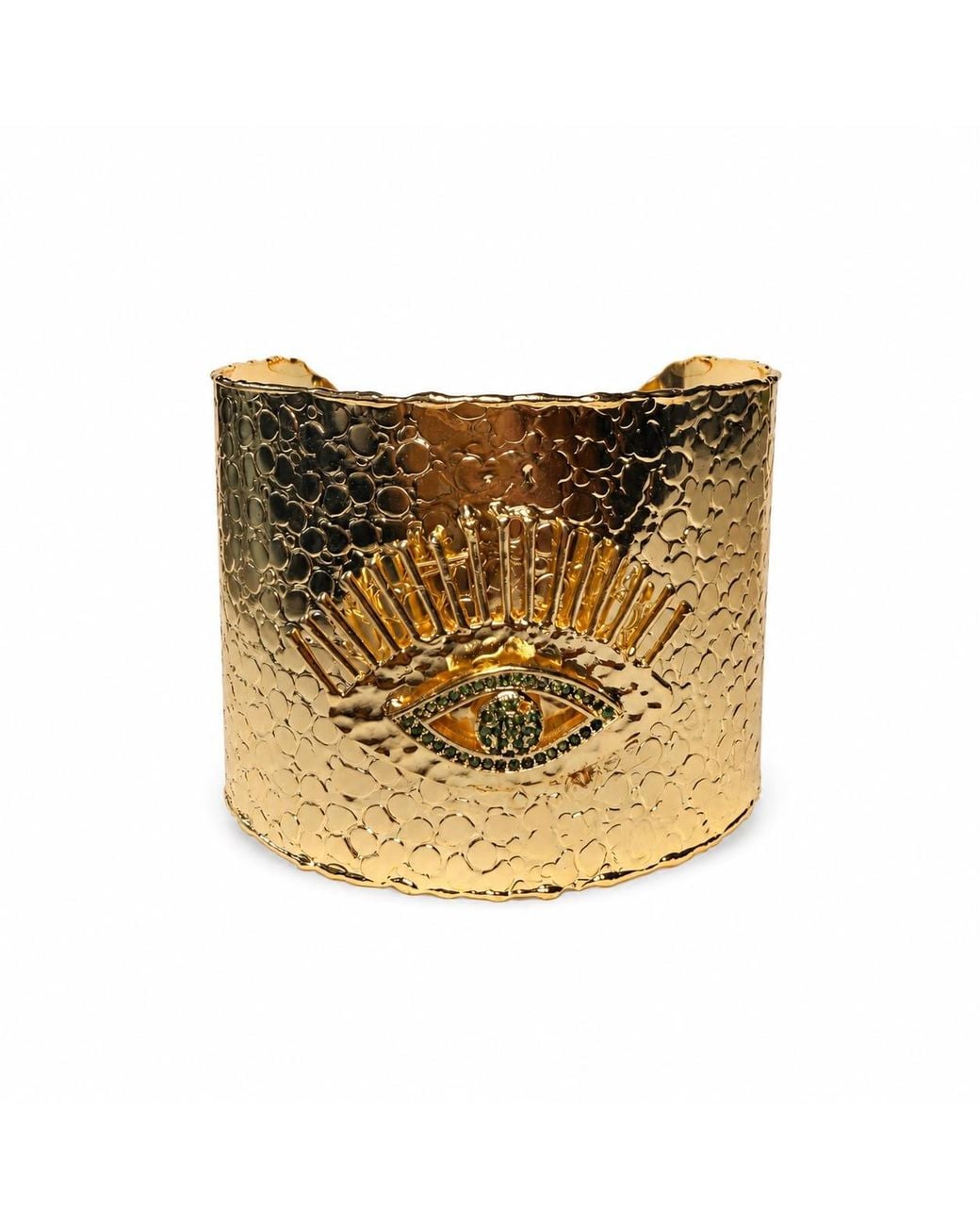 By Ozge Metallic Divine Gaze Emerald Stone Evil Eye Plated Statement Cuff Bracelet