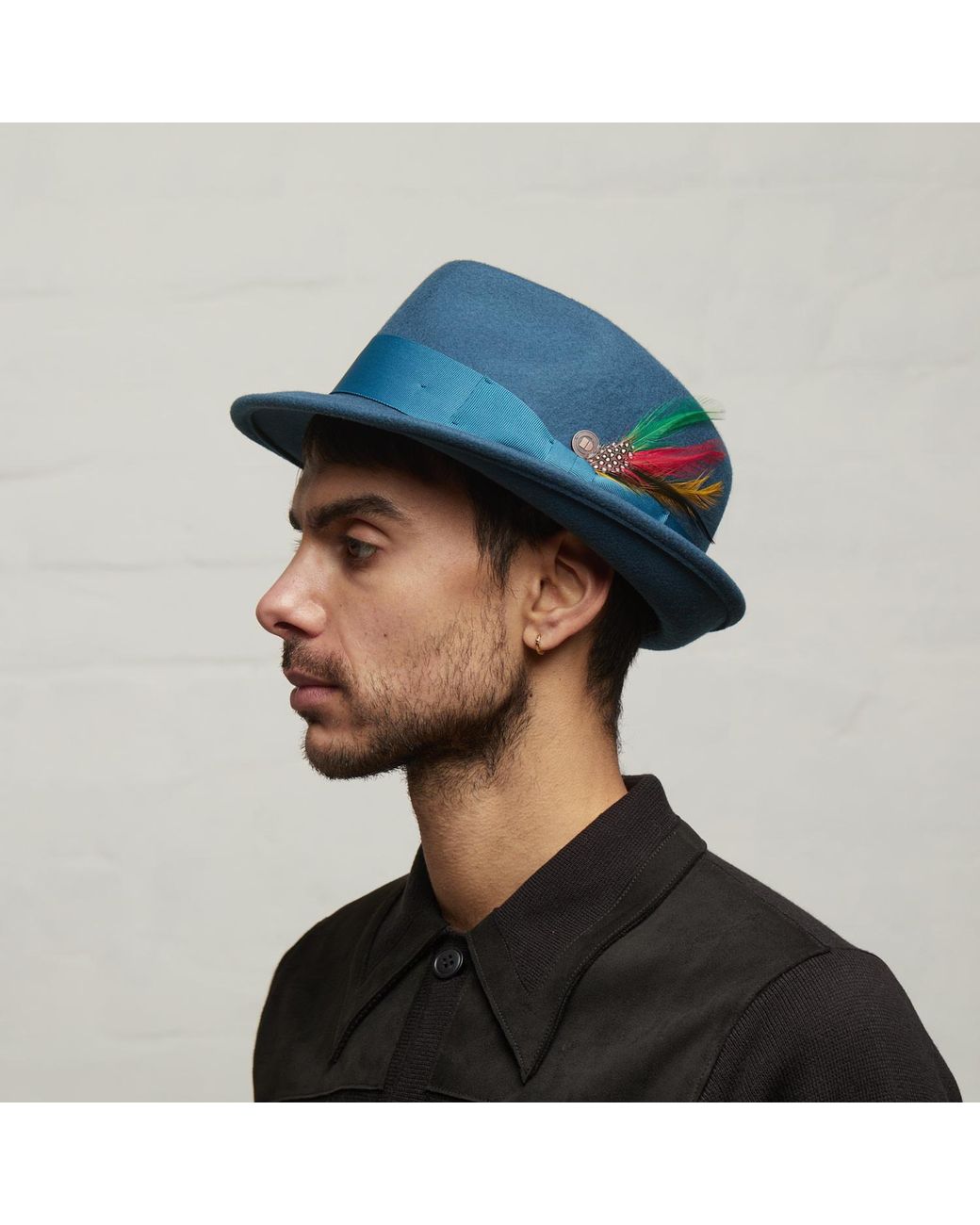 Dasmarca Hats Blue Darwin Felt Trilby With Feather for men