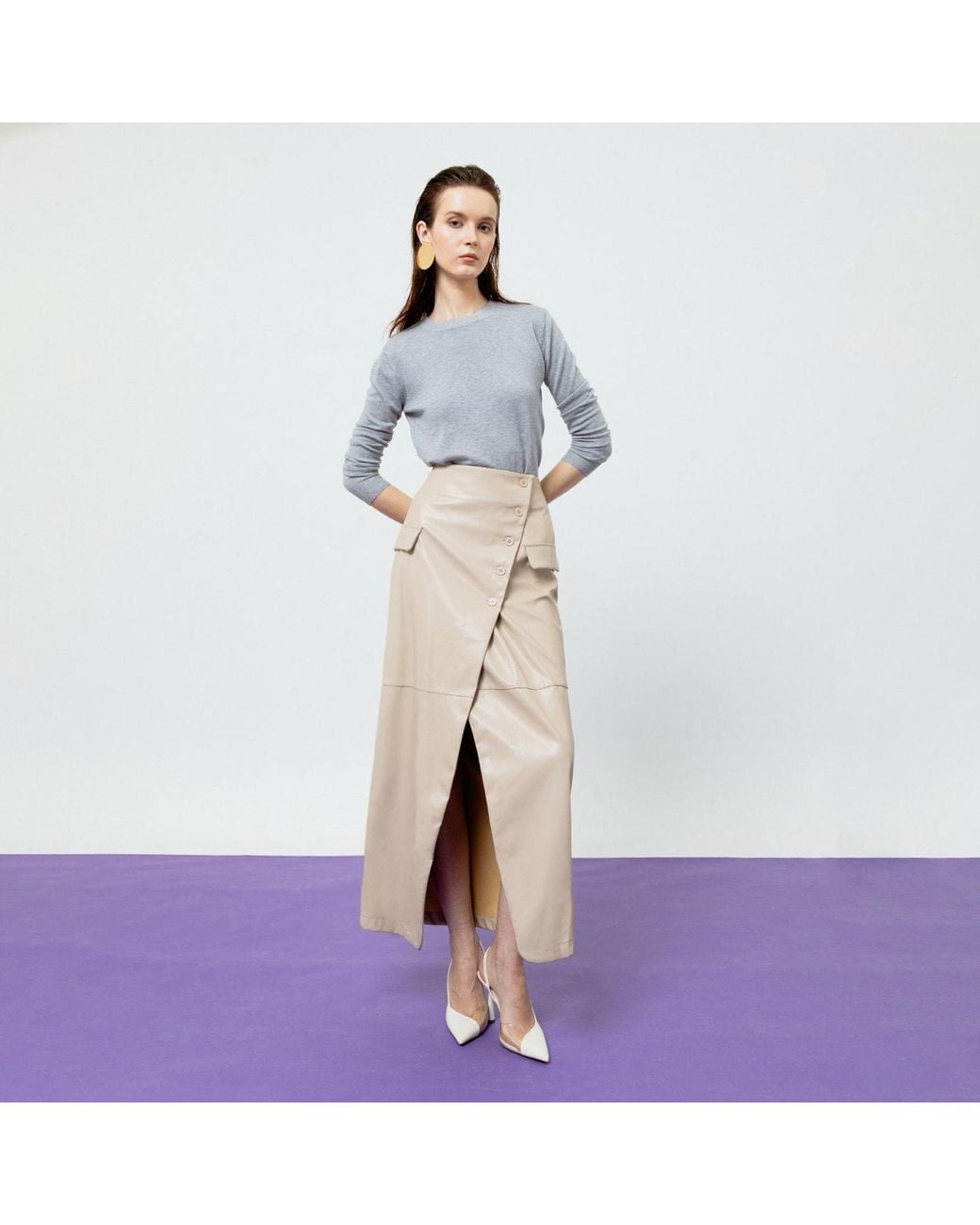 Ats the Label Natural Neutrals Beatrix Creme Faux Leather Midi Skirt