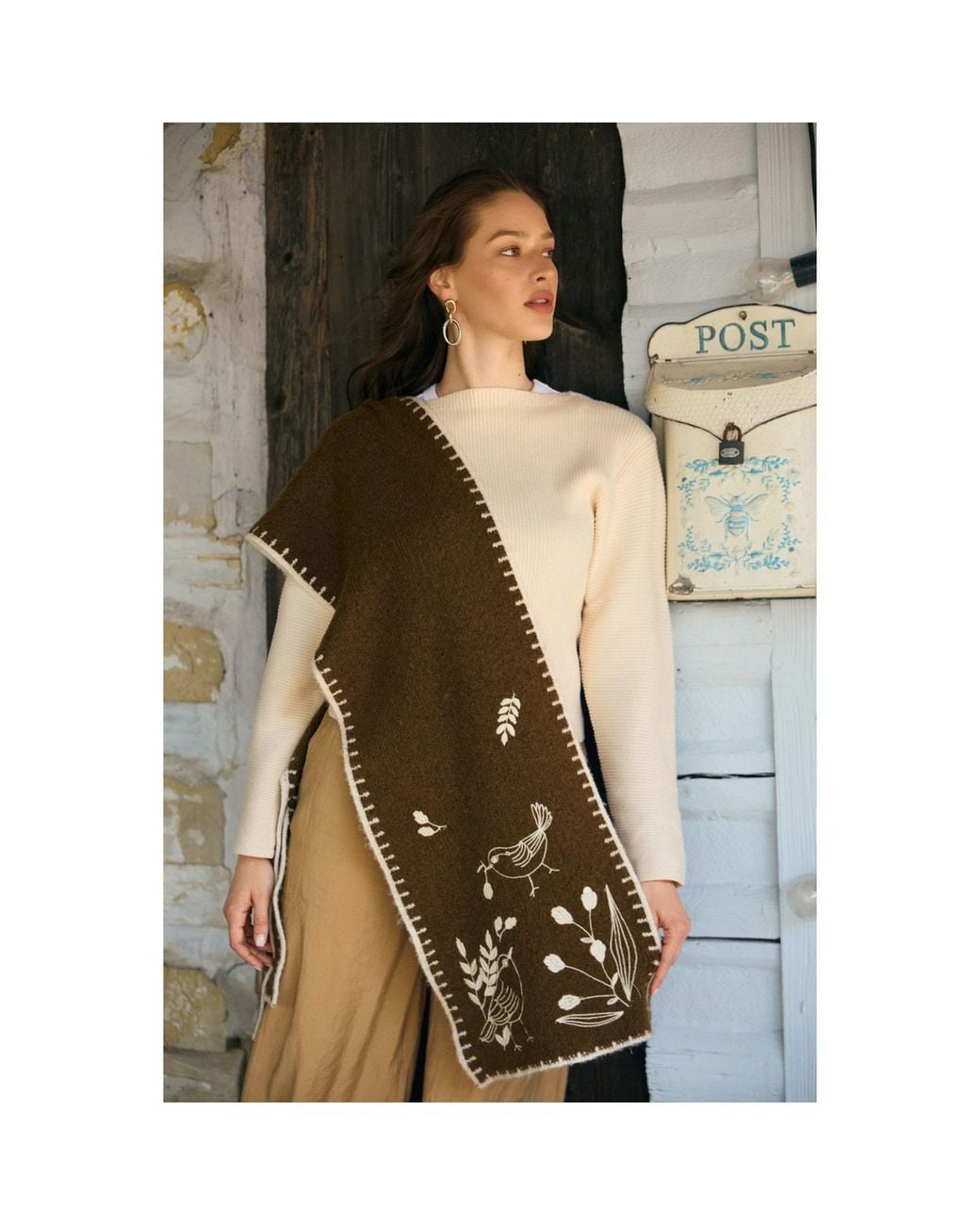 Saachi Brown Embroidered Bird Scarf