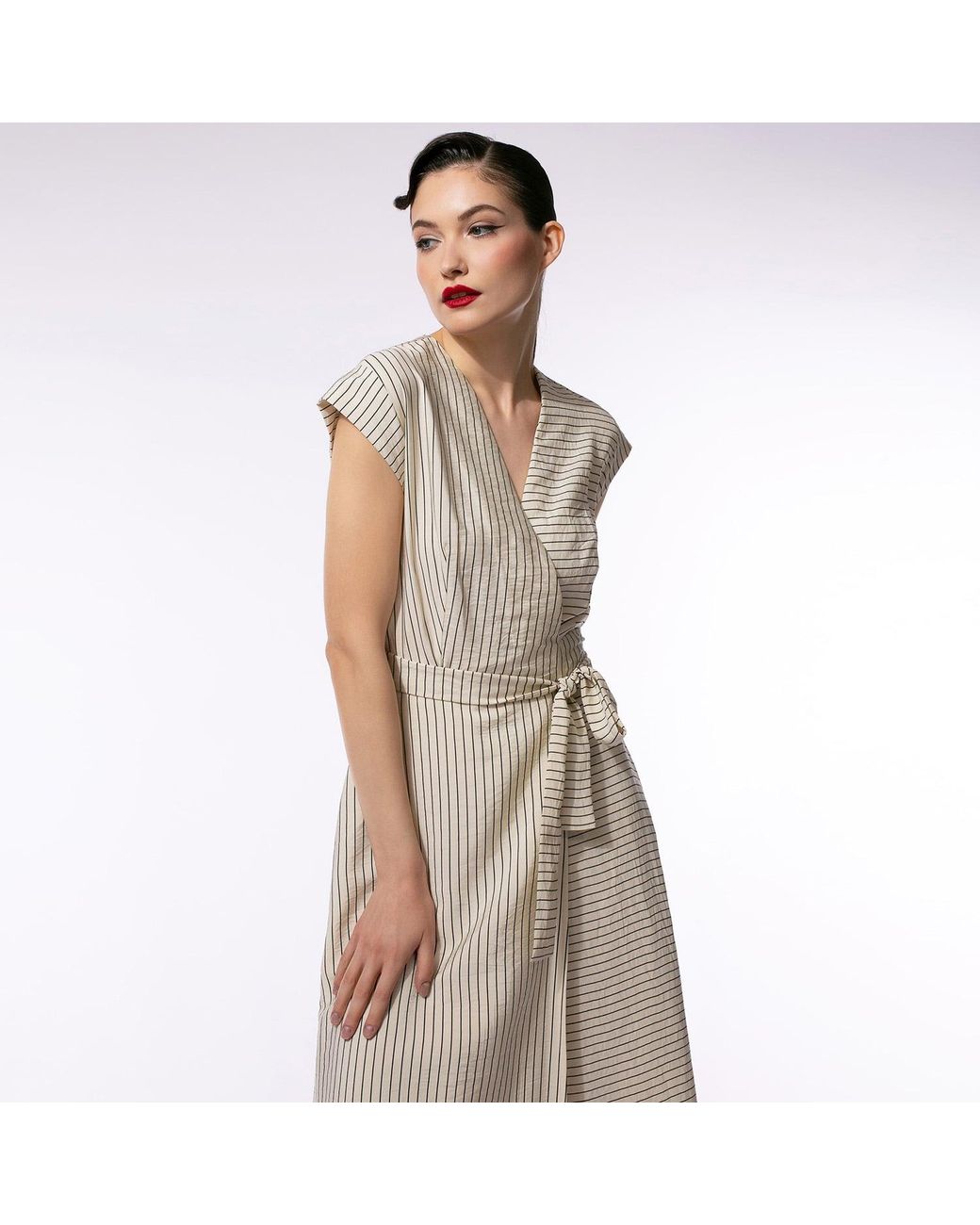 Larisa Dragna Natural Neutrals Striped Wrap Midi Dress – Retro Elegance