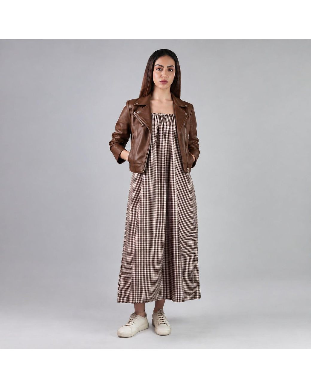 DHARA SHETH DUBAI Brown The New Classic Gingham Spaghetti Strap Maxi Dress