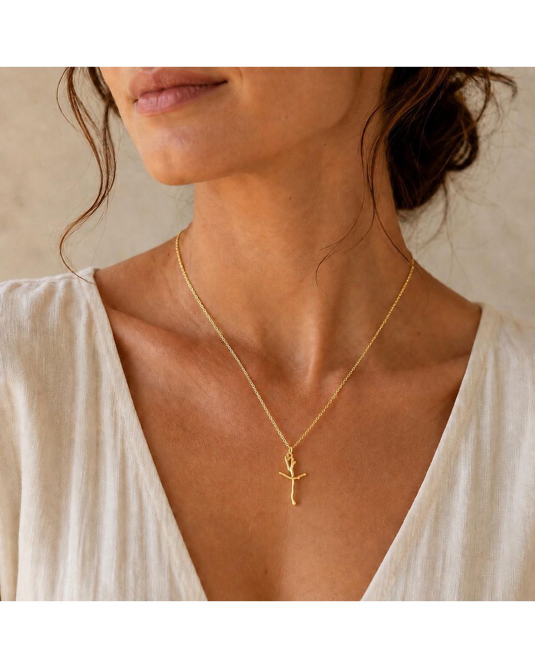 Mother Nature Jewelry Metallic Jasmine Cross Necklace, Handmade Minimalist Branch Pendant