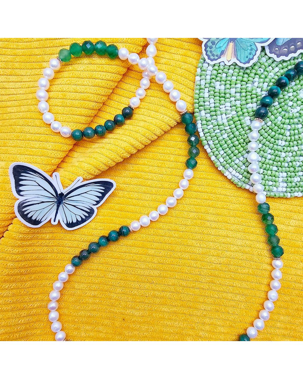 Farra Green Freshwater Pearl With Malachite And Agate Long Necklace