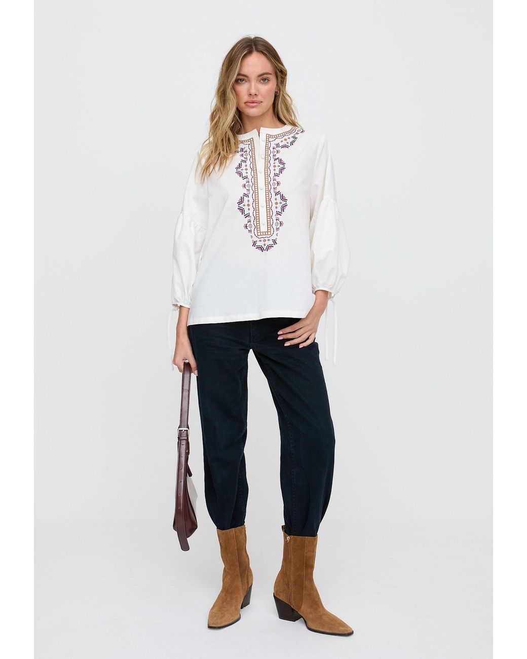Raffya Natural Anai Half Placket Embroidered Blouse