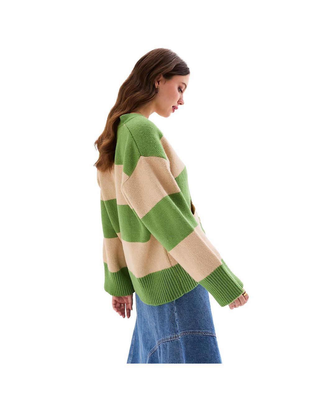 Cara & The Sky Green Candice Chunky Stripe V Neck Button Cardigan