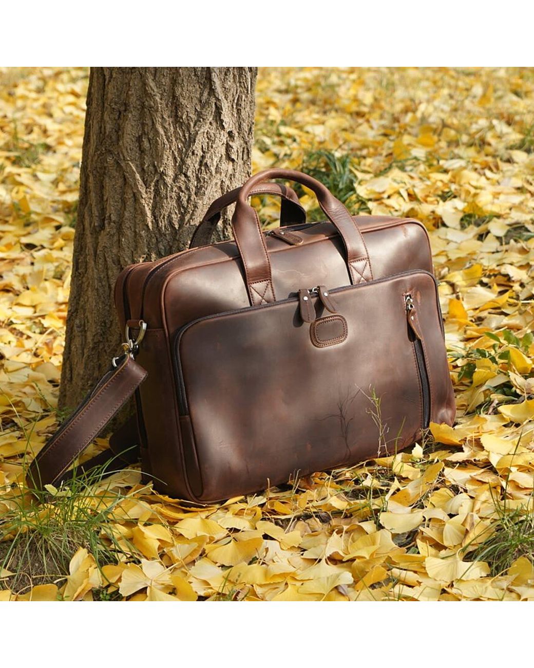 Touri Brown Genuine Leather Briefcase With Front Leather Patch for men