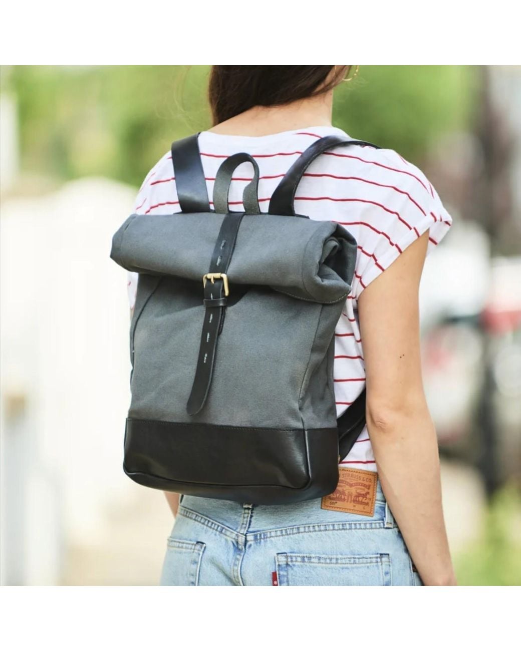 VIDA VIDA Blue Canvas & Leather Roll Top Backpack