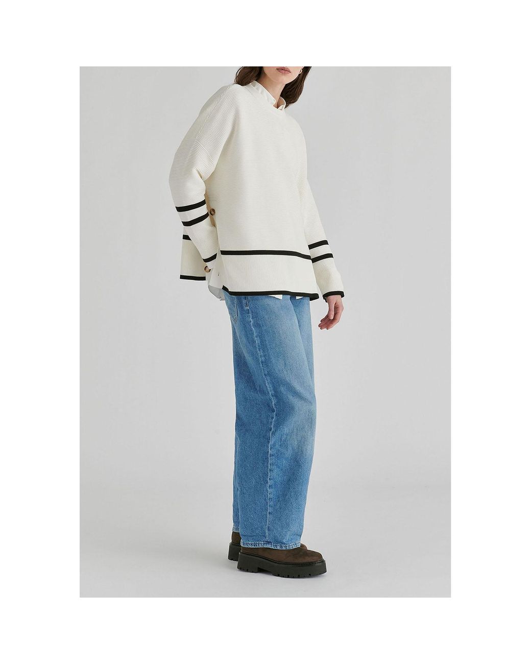 Paisie White Striped Details Ribbed Jumper With Side Buttons