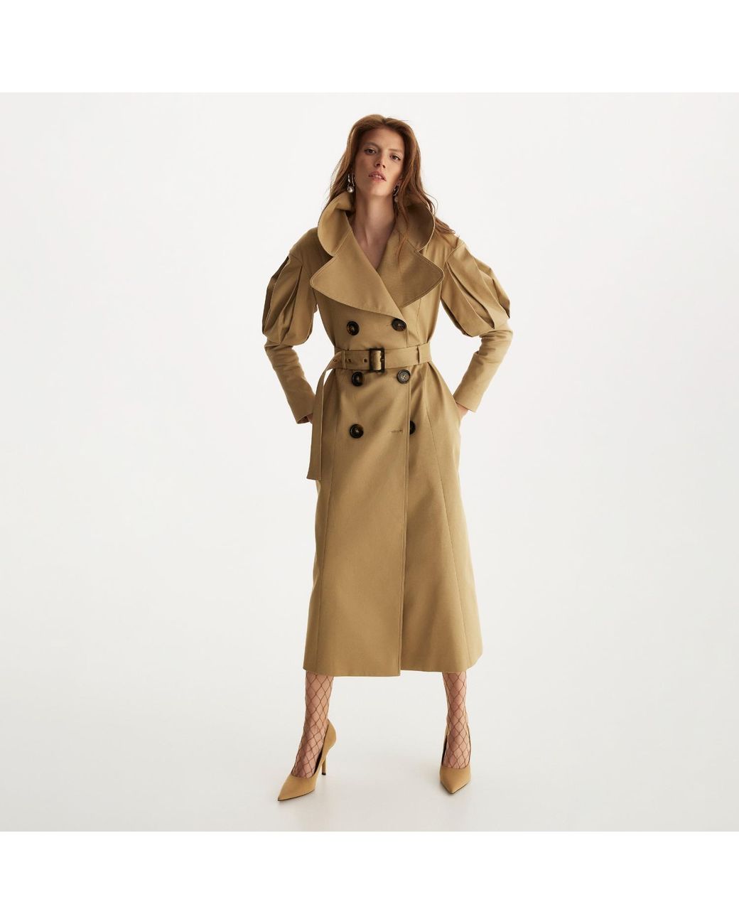 Lita Couture Natural Statement Pleated Shoulders Trench Coat