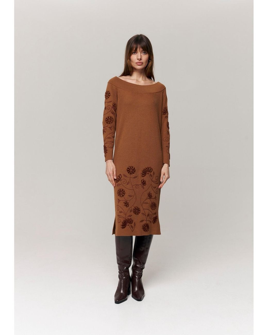 Annabo Brown Etherea Merino Wool Knit Midi Dress