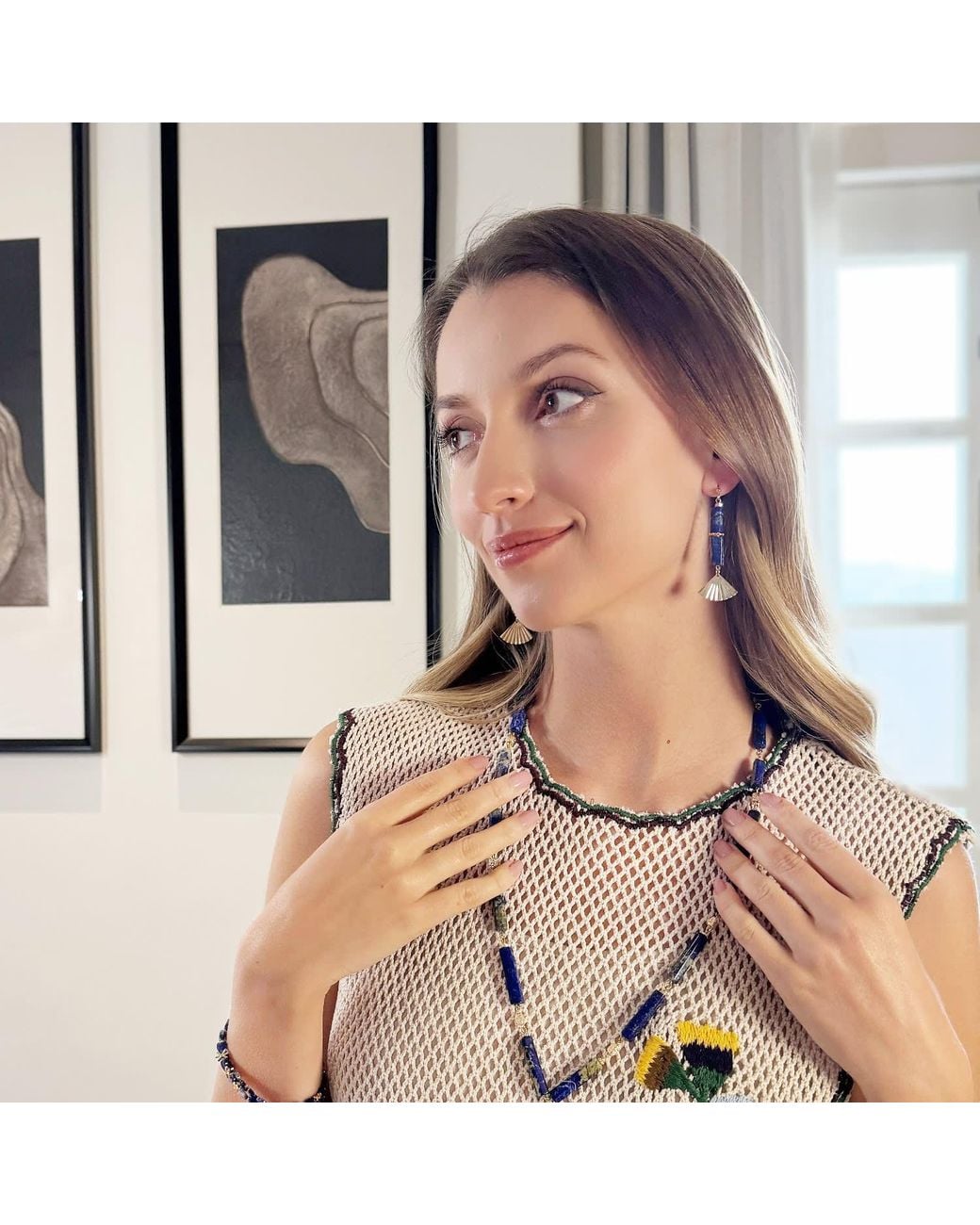 Farra Blue Lapis Lazuli & Fan Linear Drop Earrings