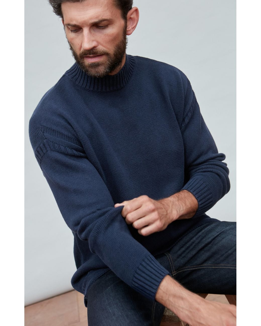 Paul James Knitwear Blue Midweight Cotton Linen Sark Mock Neck Gansey Jumper for men