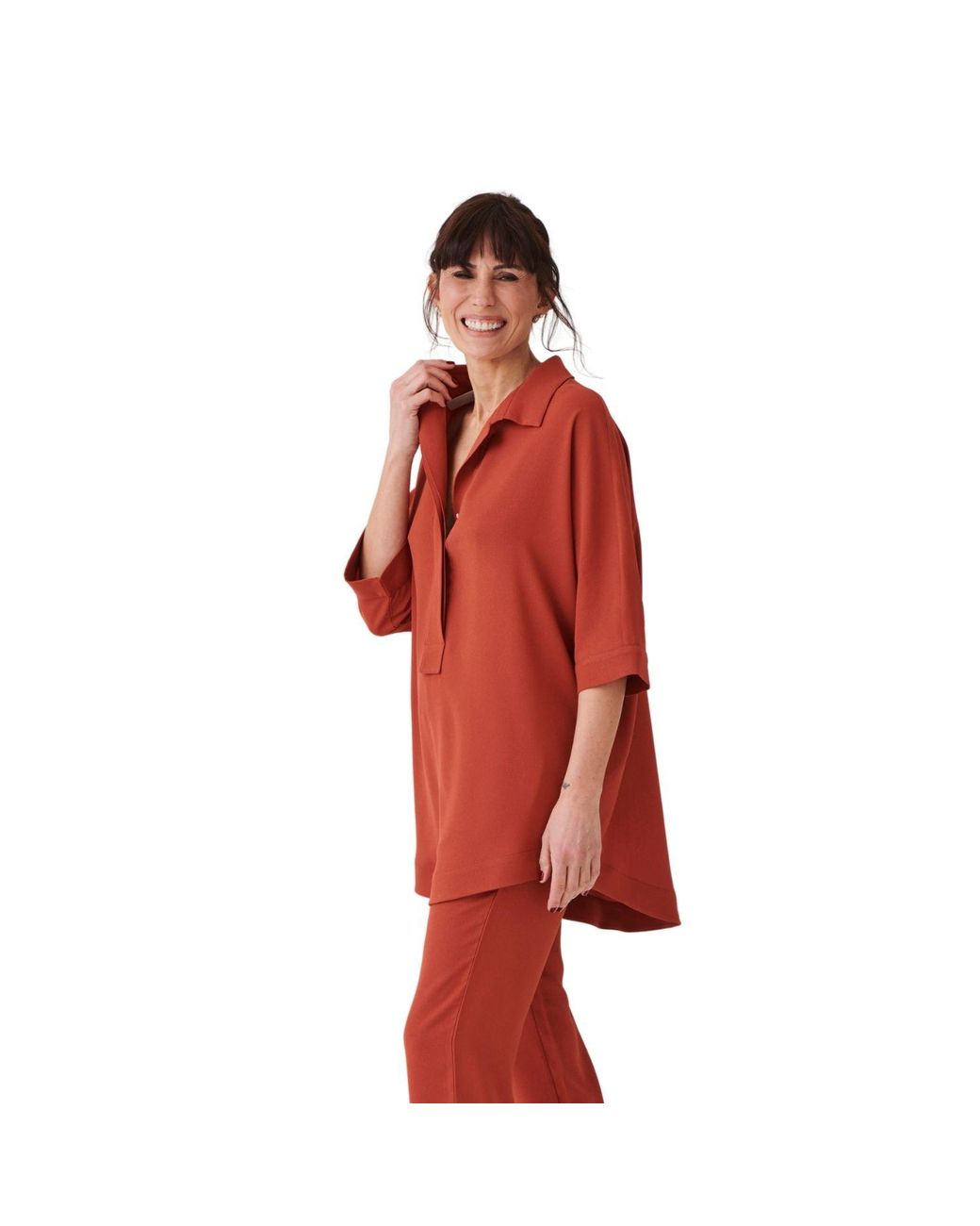 Perlavera Red Pinoly Brique Hidden Placket Three Quarter Sleeve Tunic