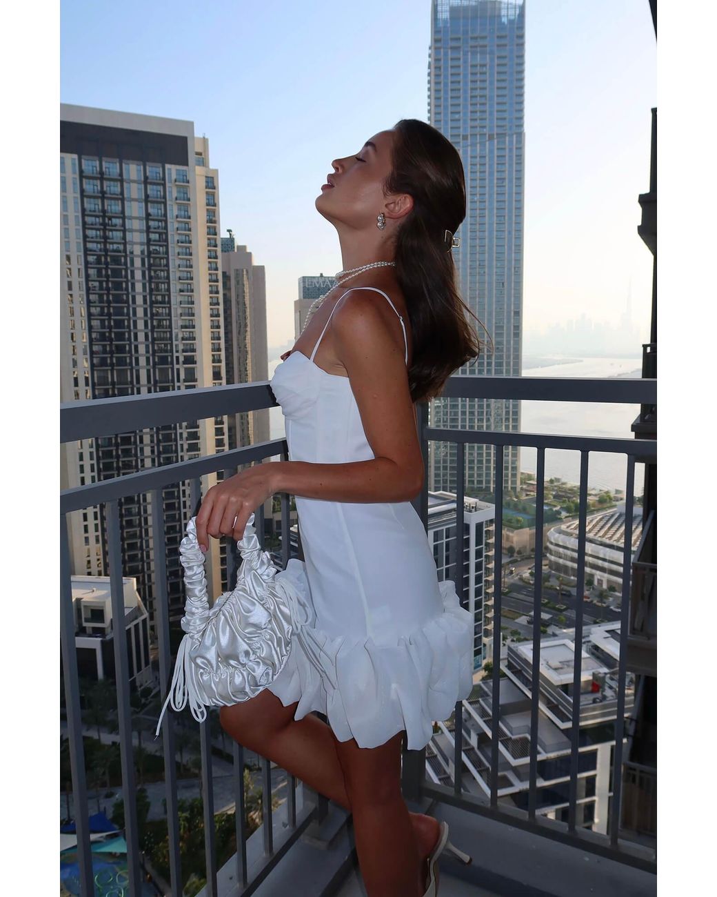 POST MERIDIEM White Draped Ruffle Mini Bustier Dress
