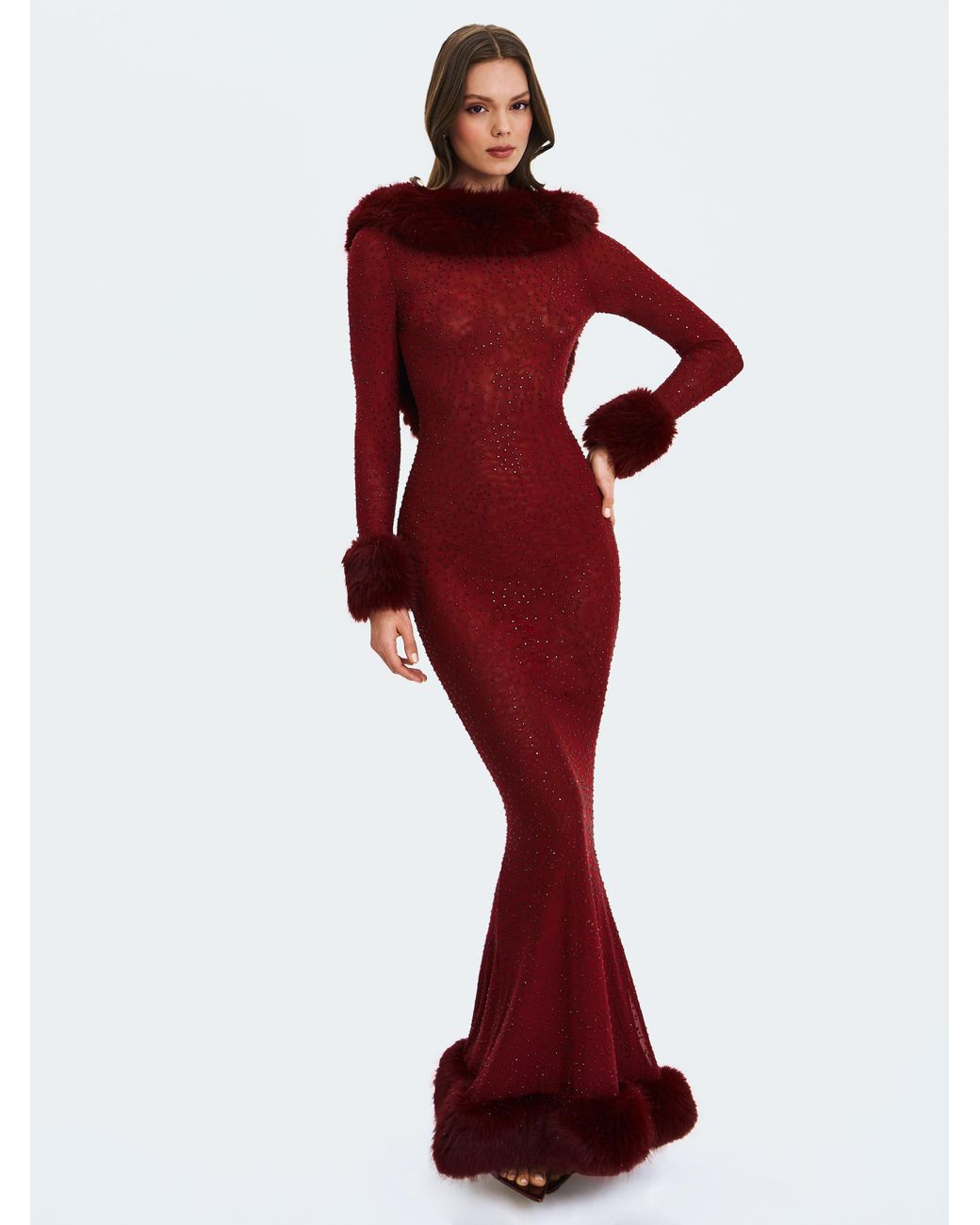Miss Circle New York Purple Mellie Burgundy Regular-Length Rhinestone Mesh Low Back Mermaid Gown