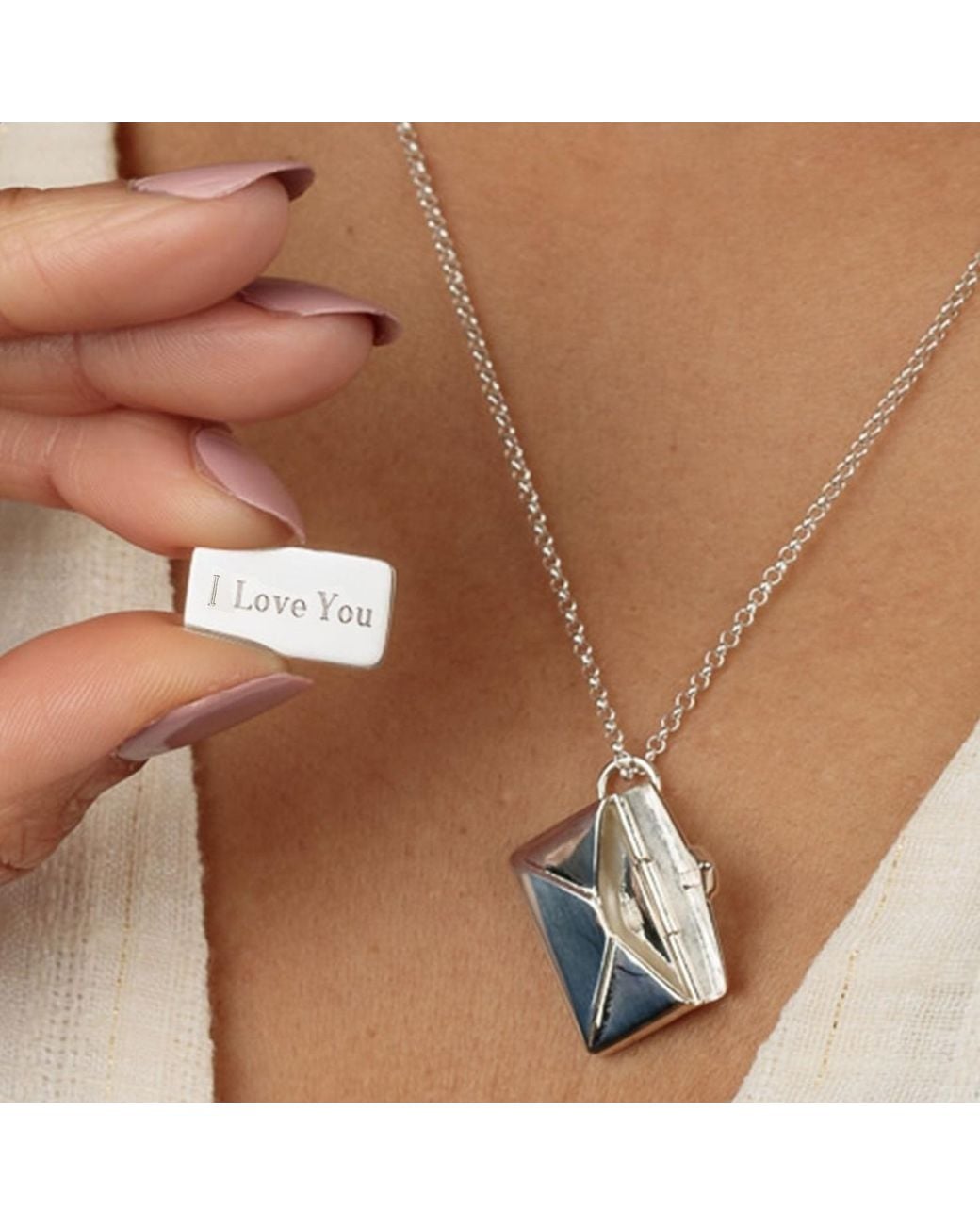Lily Charmed Metallic Sterling Envelope Charm Necklace With Engraved Insert