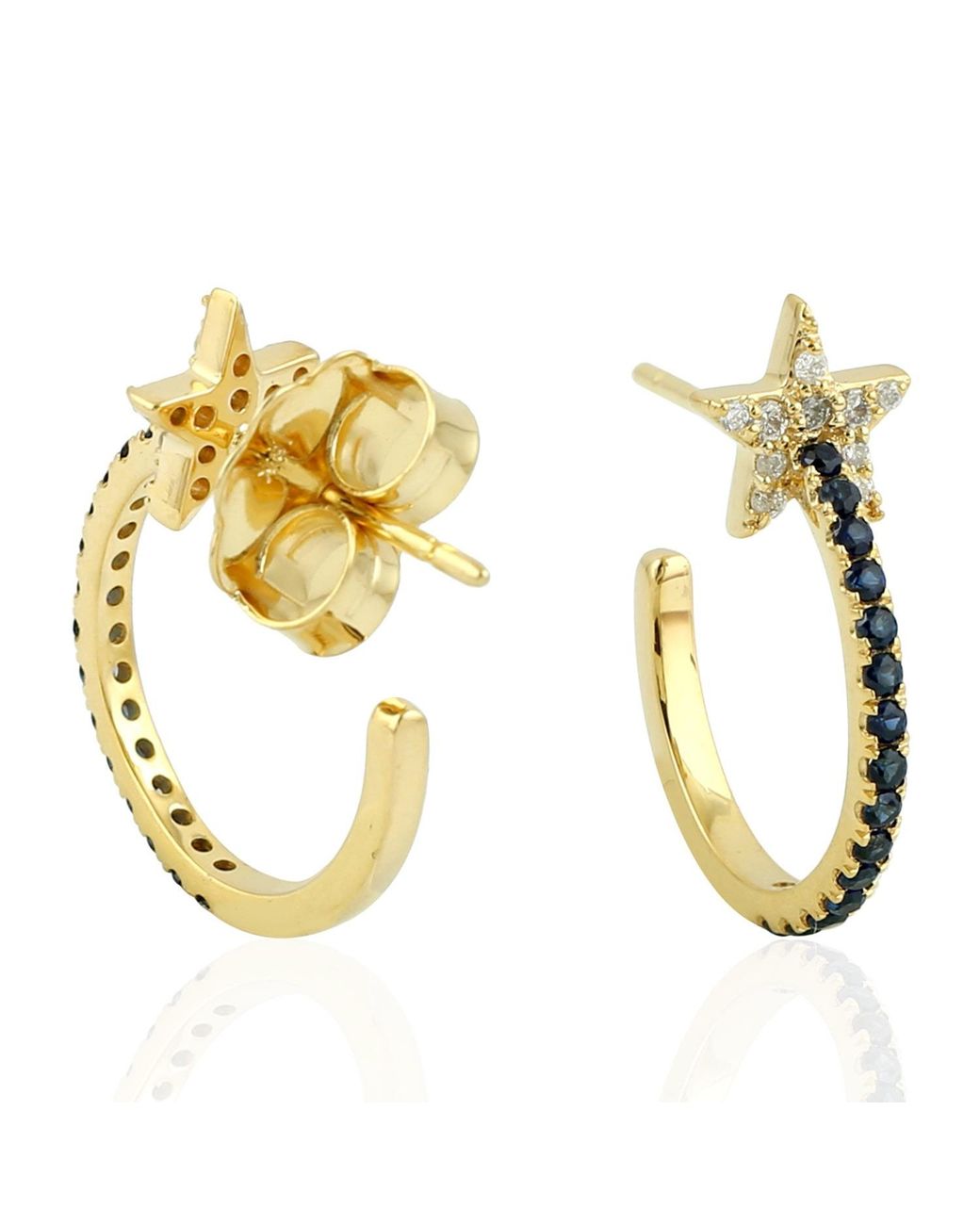 Artisan Metallic 18k Yellow Gold Diamond Star Design Hoop Earrings Blue Sapphire Jewelry
