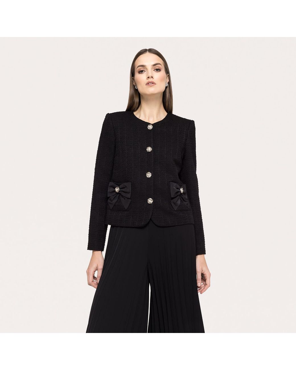 Nissa Black Bow-Detail Boucle Suit Jacket