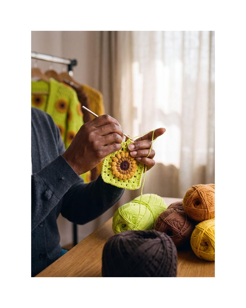 Ana Chic Yellow Lime Sunflower Granny Square Handmade Crochet Cardigan