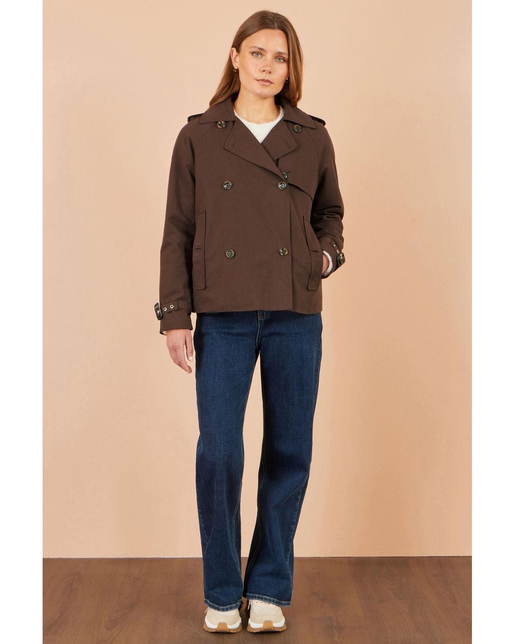 Yumi' Brown Cropped Trench Coat With Check Lining