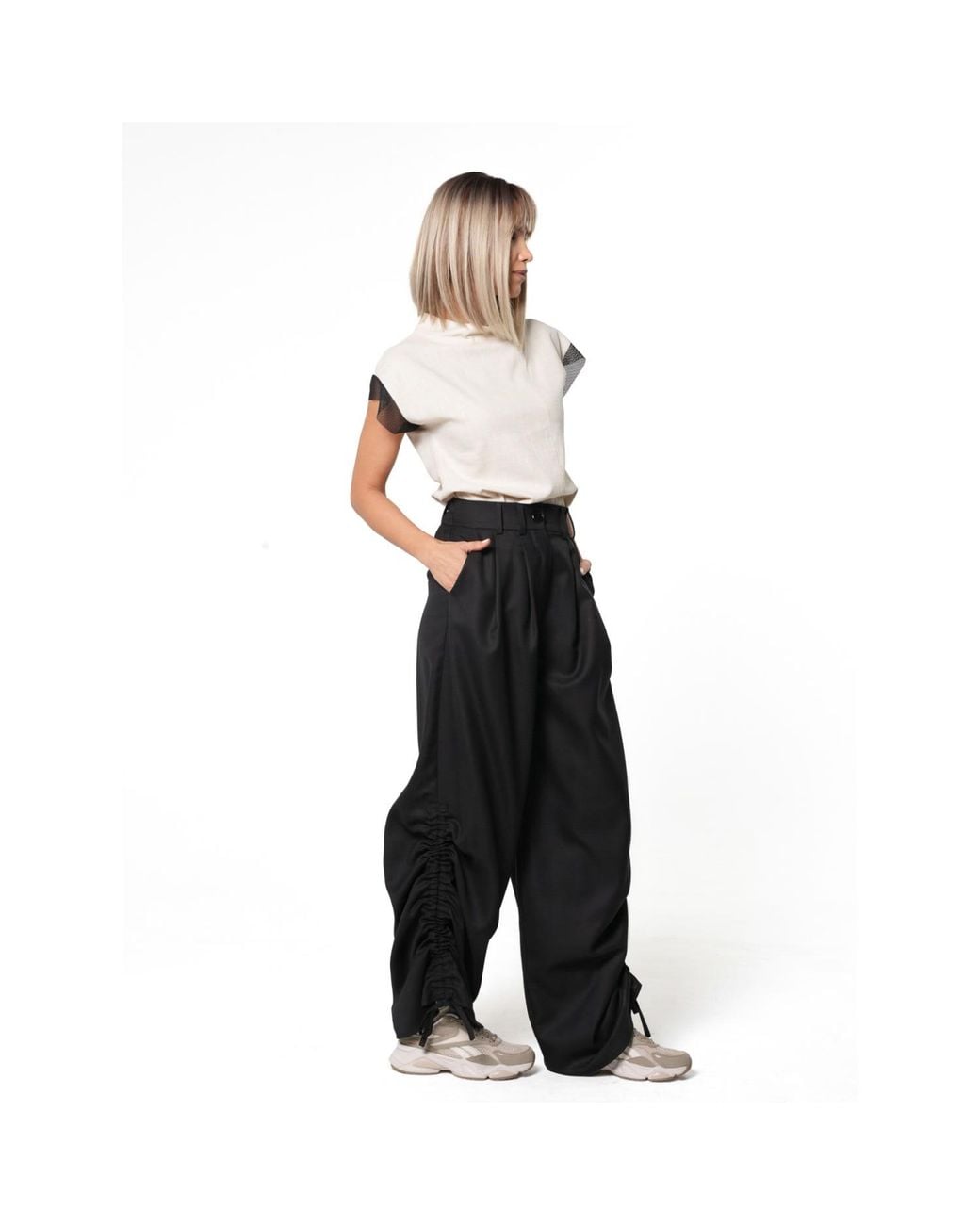 Metamorph Black High-Waisted Wool Trousers With Ruched Side Details