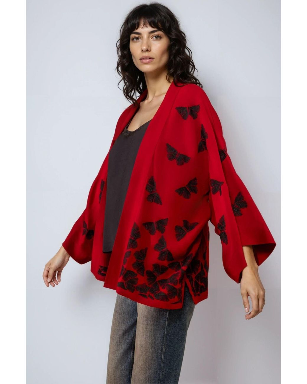 Artemis Muse Embroidered Butterflies Wine Short Kimono