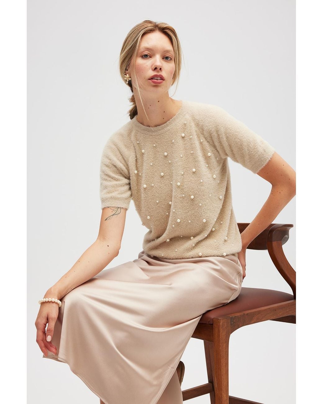Peraluna Natural Neutrals Emilia Pearl Embroidered Knit Fluffy Blouse