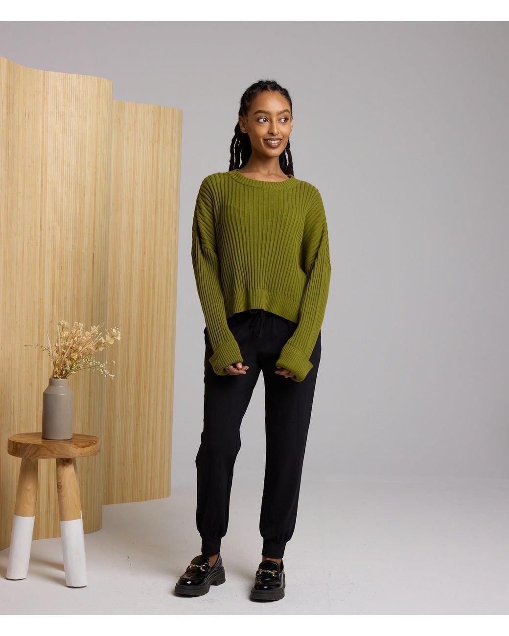 Known Supply Green Cropped Ribbed Sweater