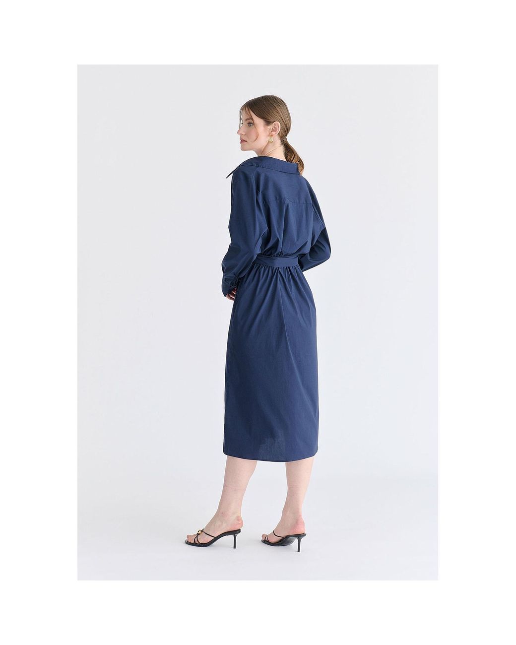 Paisie Blue Wrap Midi Shirt Dress With Metallic Button Details