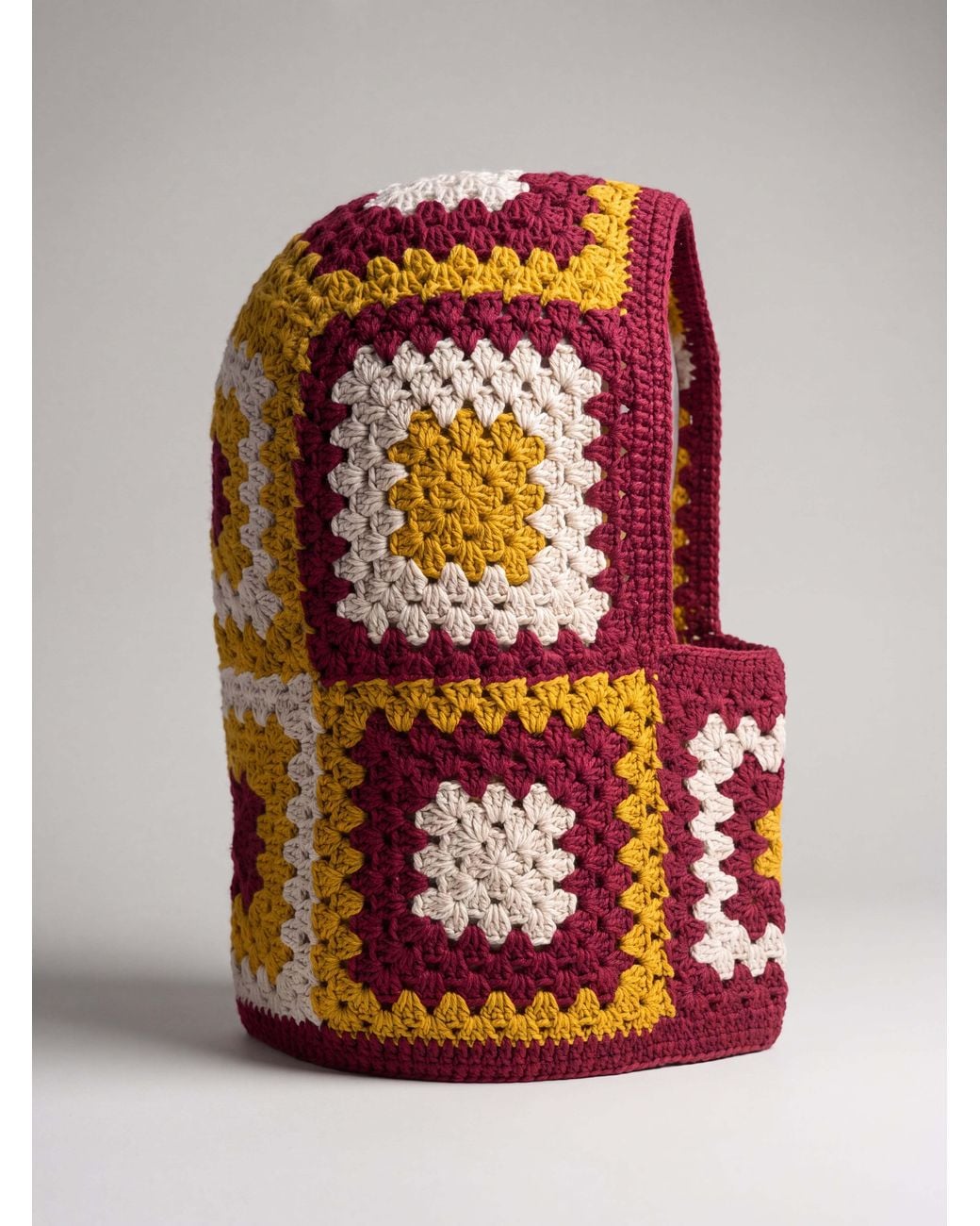 Ana Chic Red Burgundy And Mustard Granny Square Handmade Crochet Balaclava