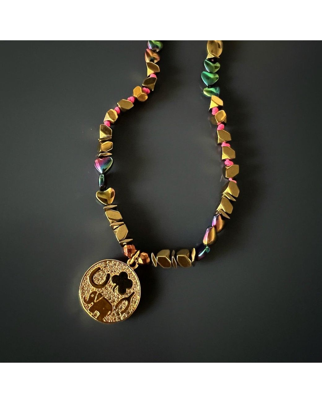 Ebru Jewelry Metallic Good Luck Symbol Design Pendant Hematite Beaded Necklace