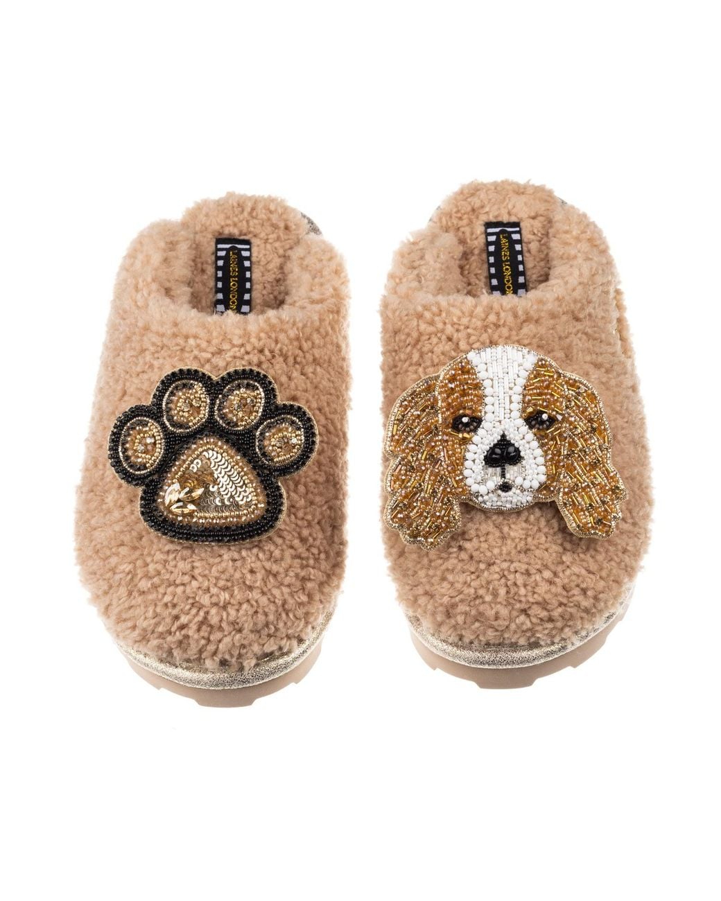 Laines London Metallic Teddy Towelling Closed Toe Slippers With Lady Spaniel & Paw Brooches