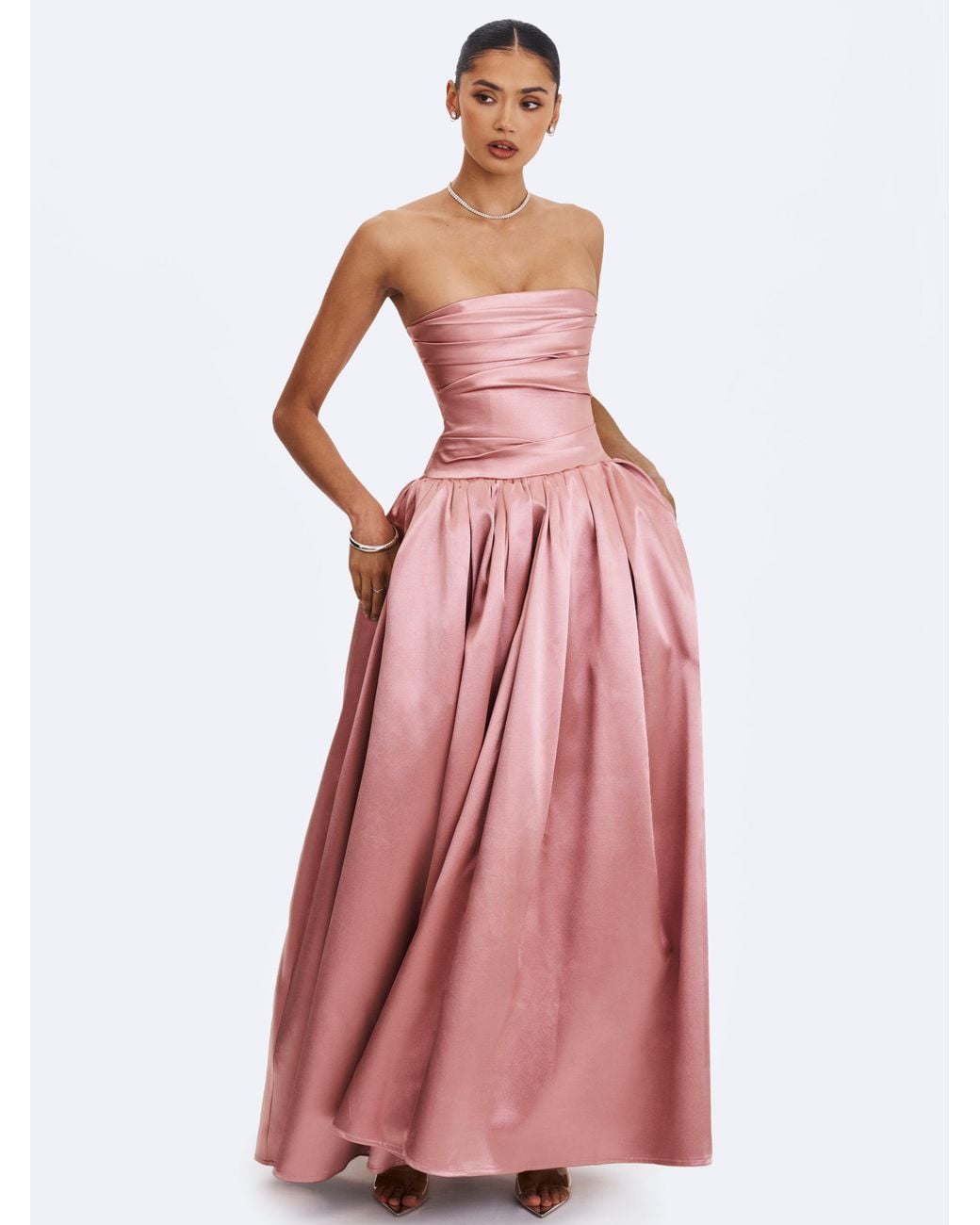 Miss Circle New York Pink Willette Deep Rose Satin Strapless Gathered Maxi Dress