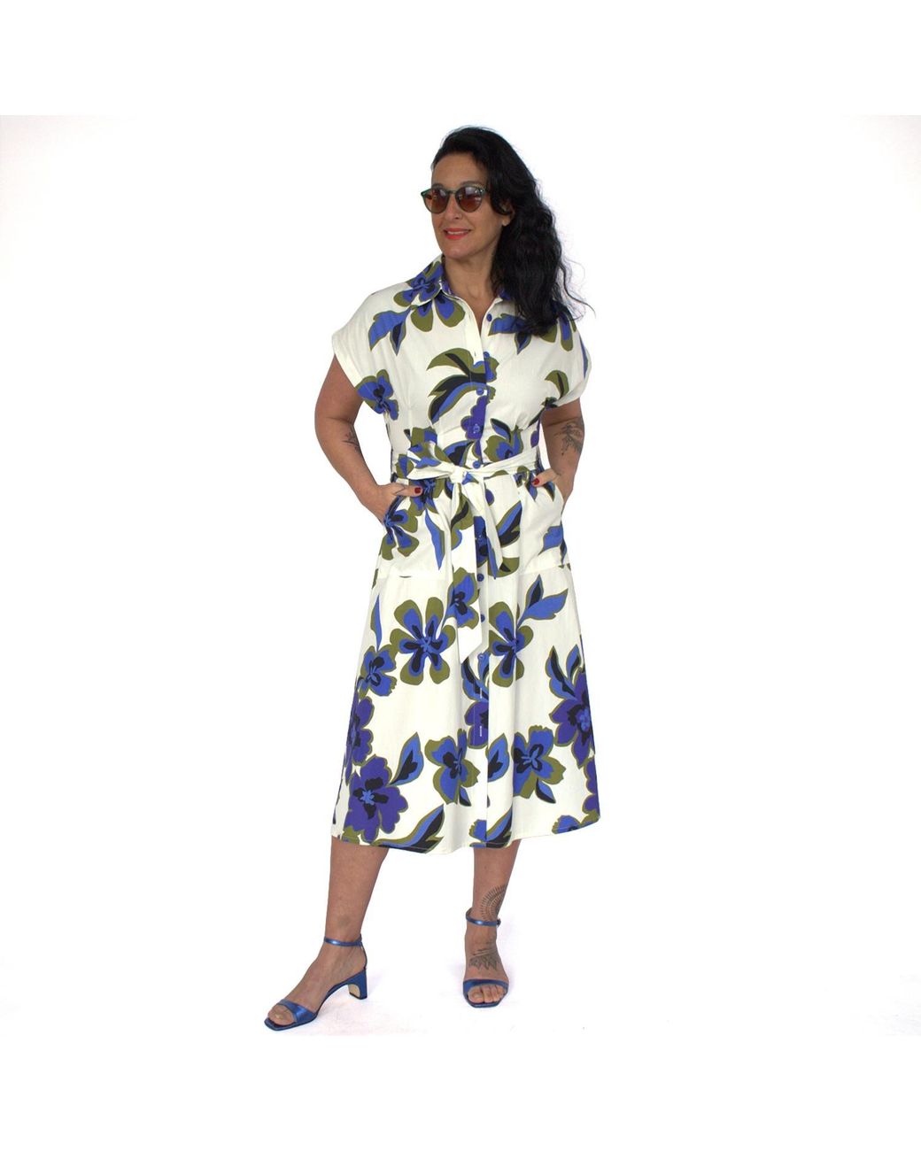 Lalipop Design Blue Floral Print Cotton Shirt Dress